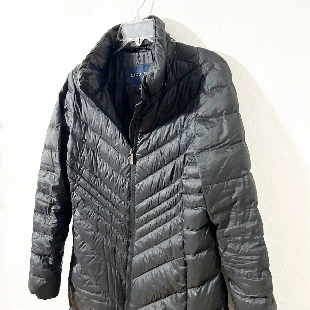 Lands’ End Longer Length Front Zip Down Puffer Coat Parka NO Hood Pockets Black